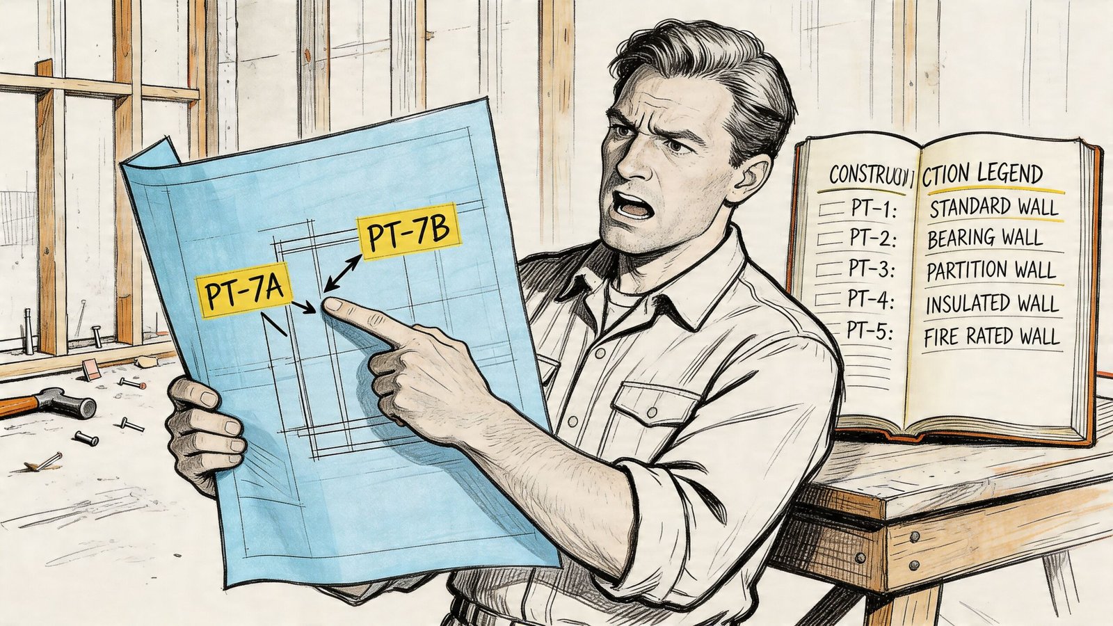 A confused construction worker holding a blueprint and pointing to a wall design diagram for building plans.