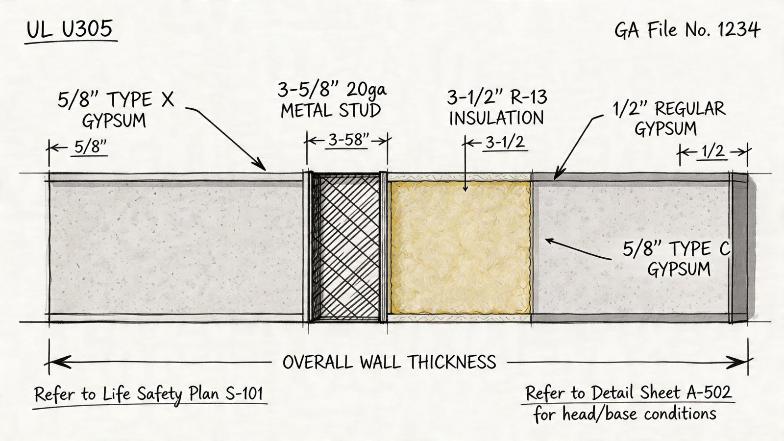 A detailed architectural cross-section diagram showing construction layers for a fire-rated wall assembly.