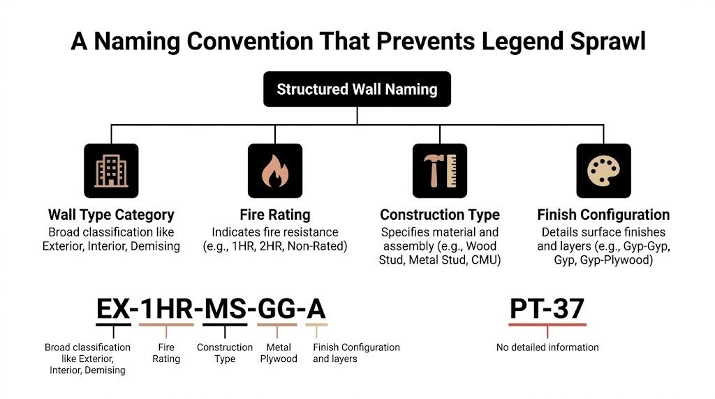 A diagram illustrating a structured naming convention for wall types to avoid legend sprawl in architectural documentation.