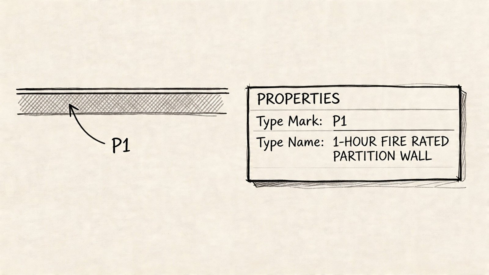 A technical sketch of a 1-hour fire rated partition wall labeled P1 in a property box.
