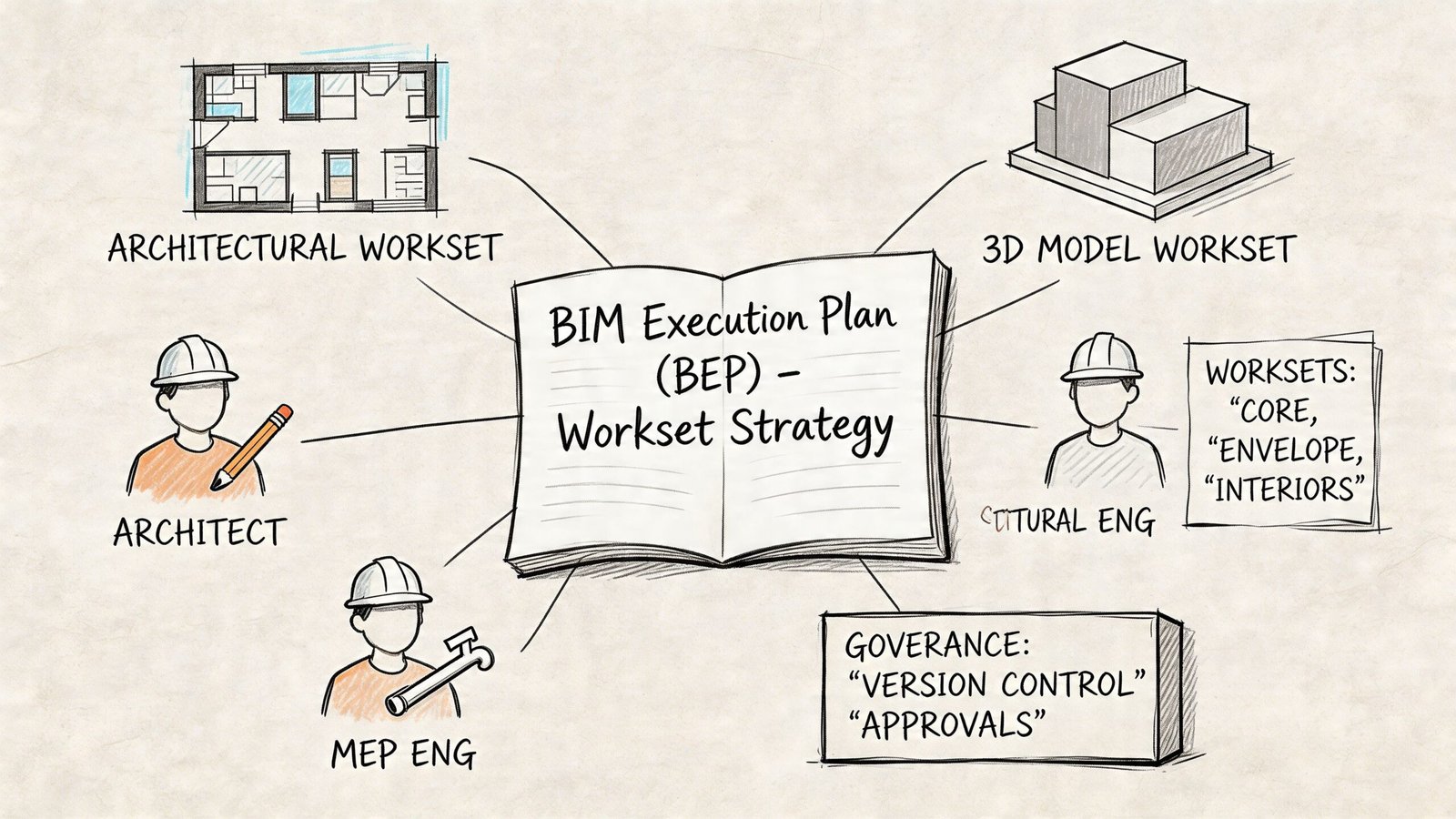 A diagram illustrating a BIM Execution Plan workset strategy involving architects and structural and MEP engineers.