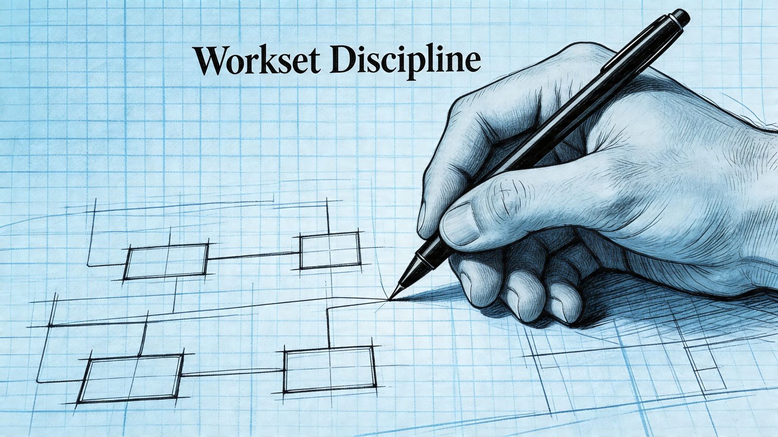 A hand drawing a technical flow chart on blue grid paper labeled Workset Discipline.