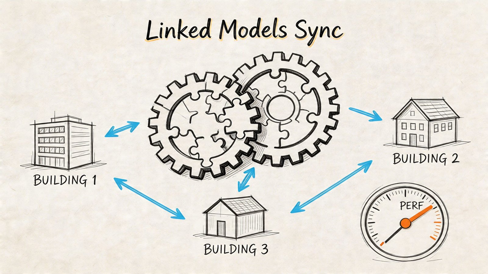 A hand-drawn illustration showing linked models syncing between three different buildings with a performance gauge.