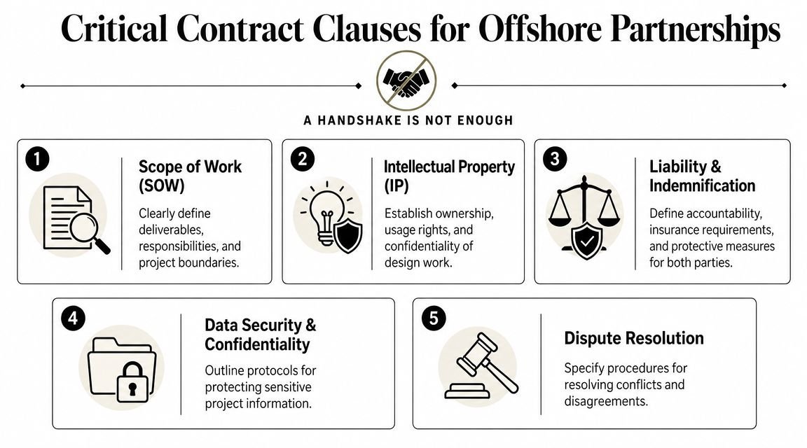 An infographic titled Critical Contract Clauses for Offshore Partnerships listing five essential components for legal business contracts.