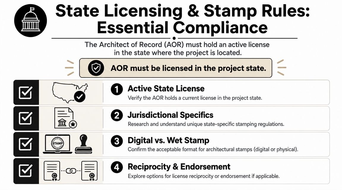 An infographic titled State Licensing and Stamp Rules outlining four essential compliance steps for architects.