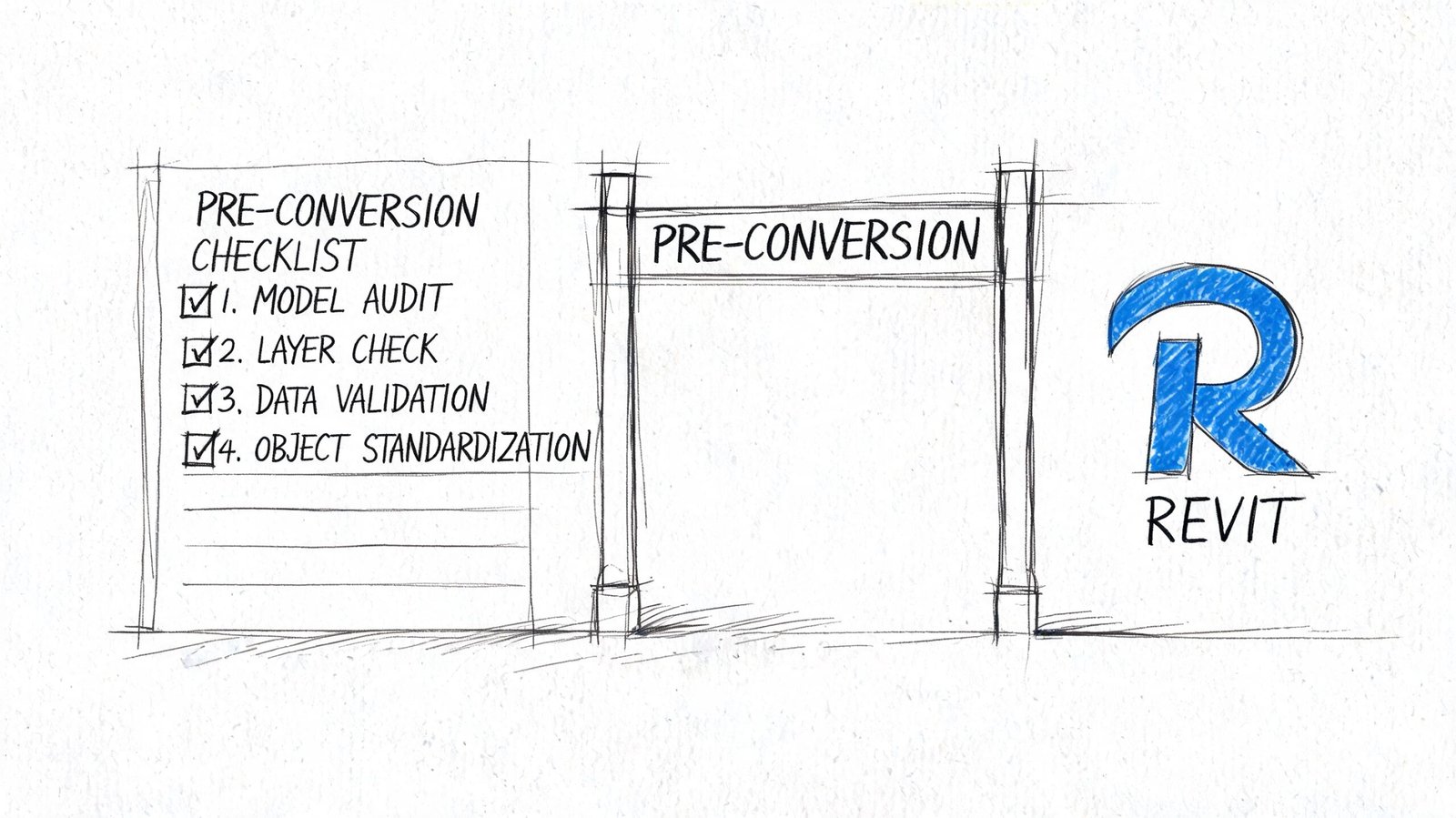 A hand-drawn sketch displaying a pre-conversion checklist for migrating CAD files into Revit software.