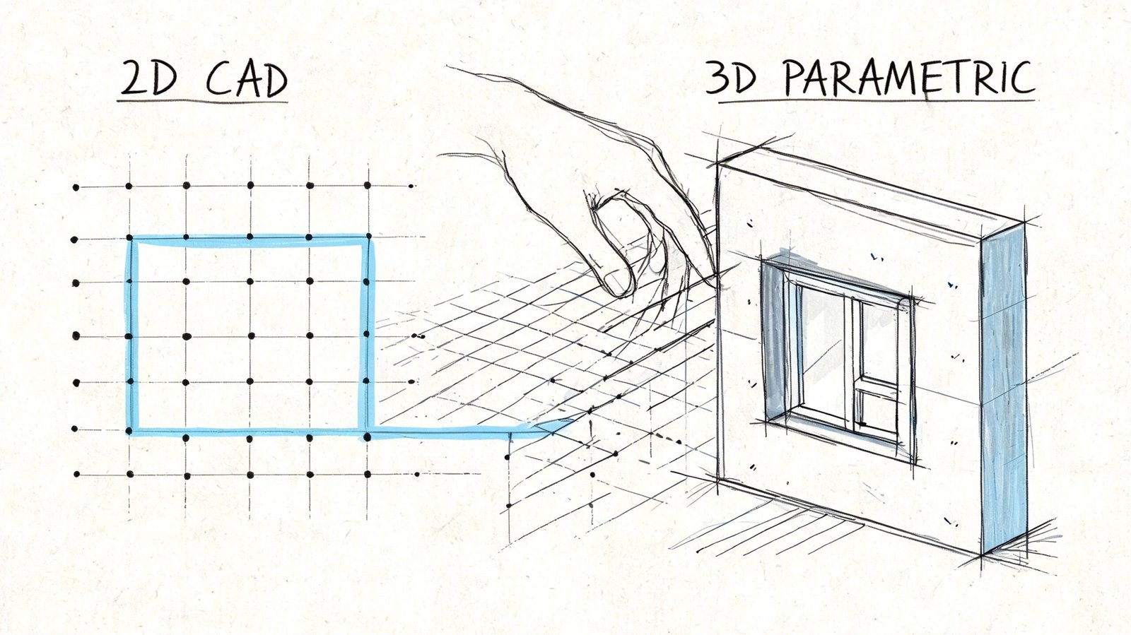 A hand-drawn illustration comparing 2D CAD drafting with 3D parametric modeling and building information modeling.