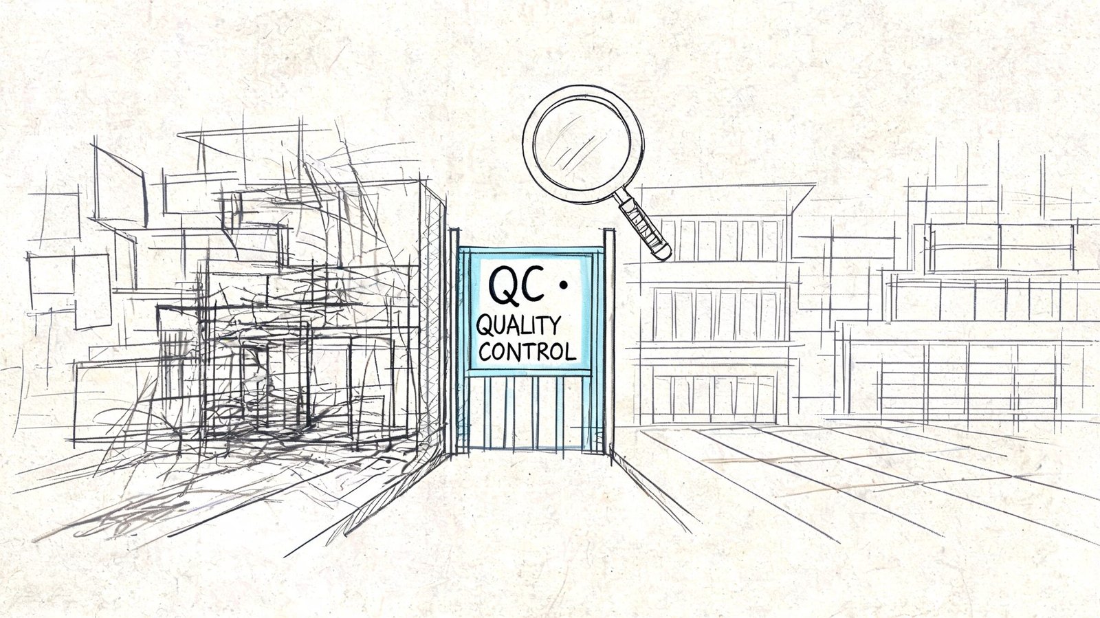 A conceptual sketch showing a quality control sign positioned between a chaotic construction site and organized buildings.