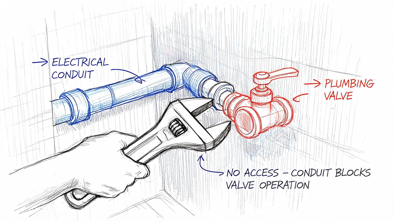 A hand-drawn sketch illustrating a design clash where an electrical conduit blocks access to a plumbing valve.