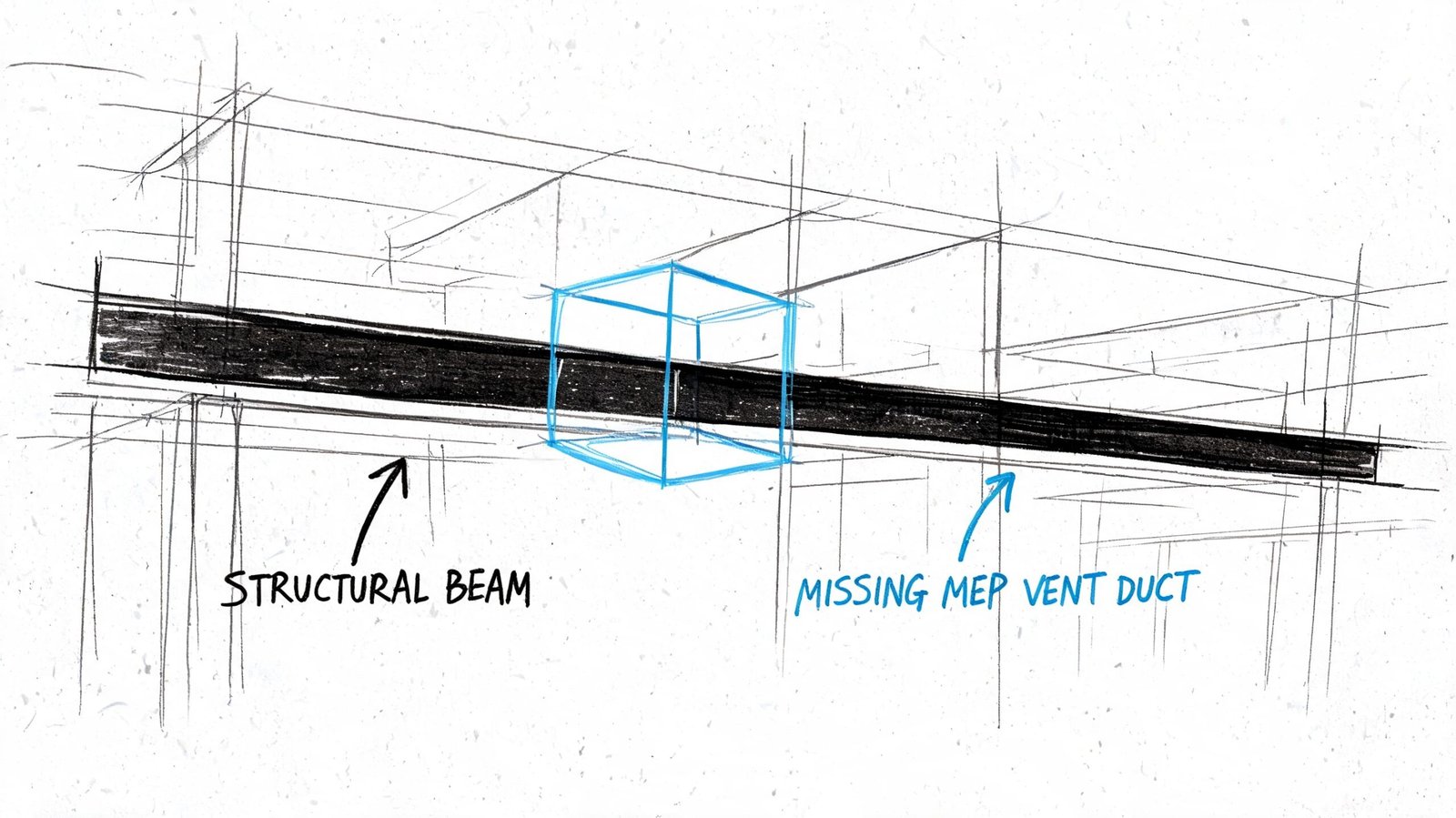 A digital sketch showing a structural beam with a blue box indicating a missing MEP vent duct.
