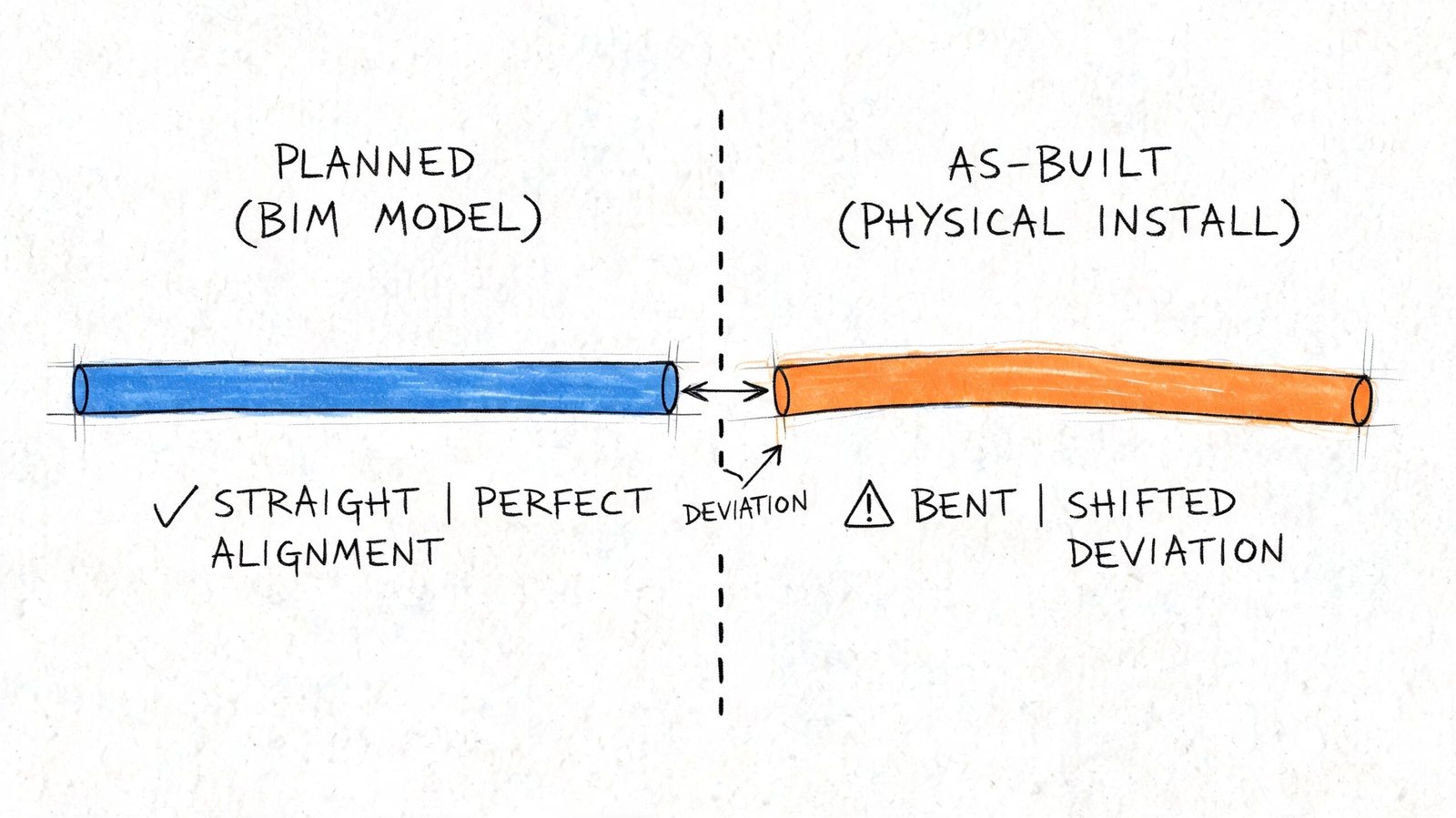 A diagram comparing a straight planned BIM model pipe with a bent as-built physical pipe.