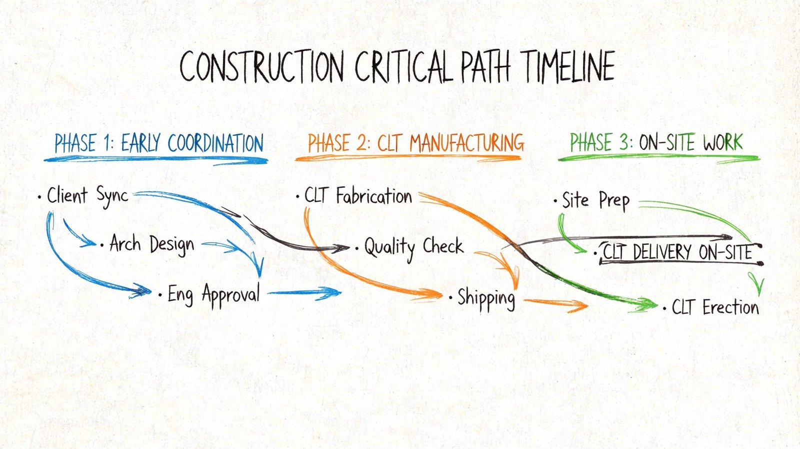 A construction critical path timeline illustration outlining early coordination, CLT manufacturing, and on-site work phases.