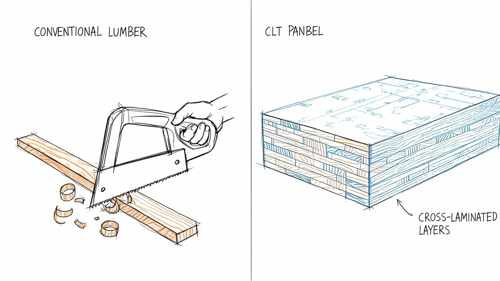 A diagram comparing conventional lumber being sawed with a large CLT timber panel made of cross-laminated layers.