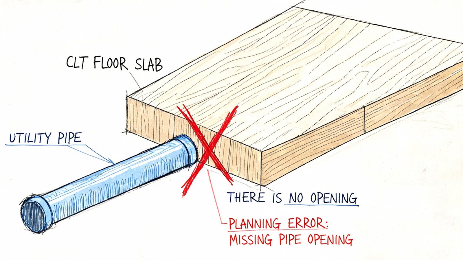 A conceptual sketch illustrating a planning error where a utility pipe lacks a corresponding opening in a CLT floor slab.