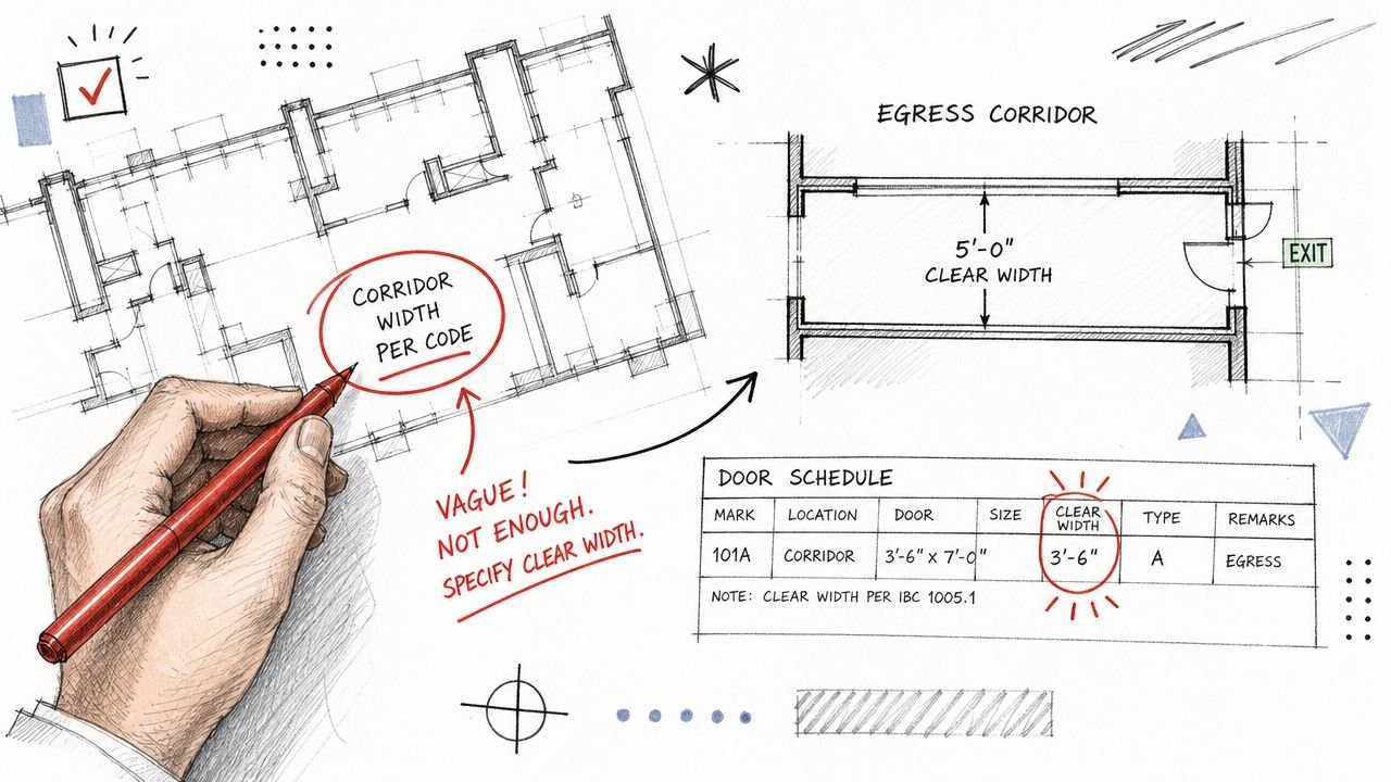 A hand marks up an architectural floor plan with red ink, highlighting code requirements for egress corridor widths.