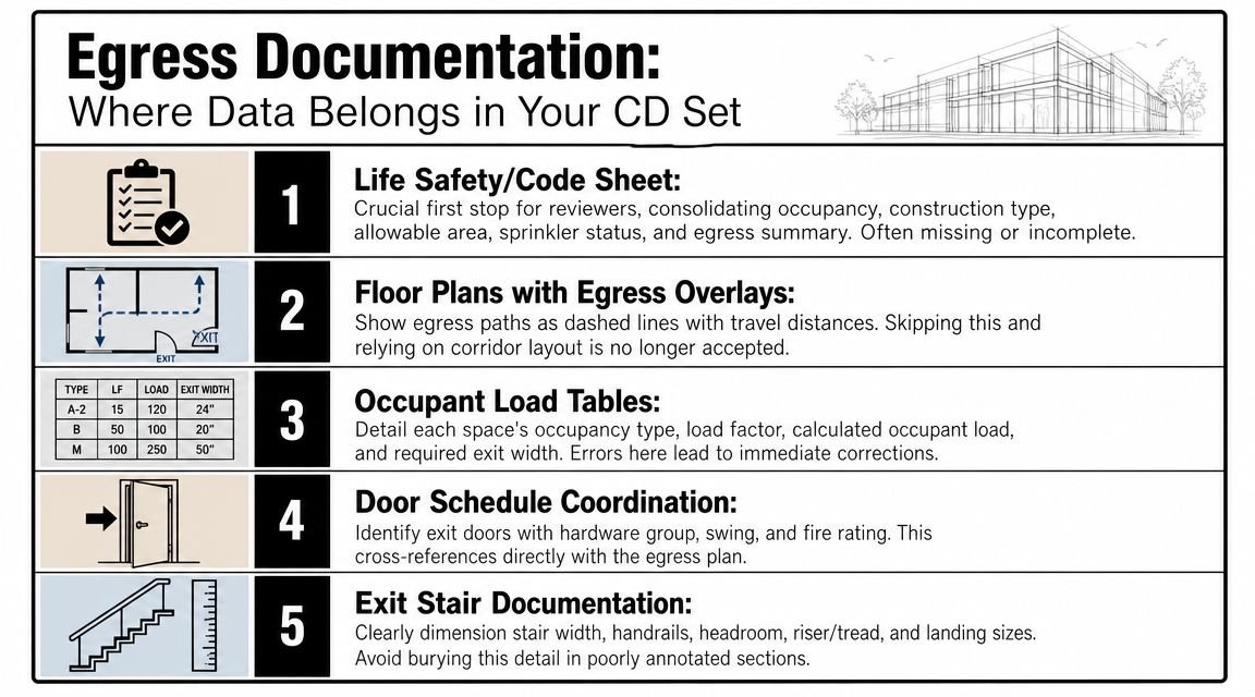 An infographic detailing the five essential components for documenting egress paths in construction documents for building projects.