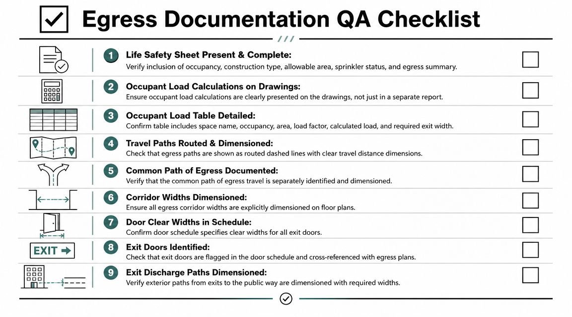 A professional quality assurance checklist for architectural egress documentation with nine numbered steps and corresponding icons.