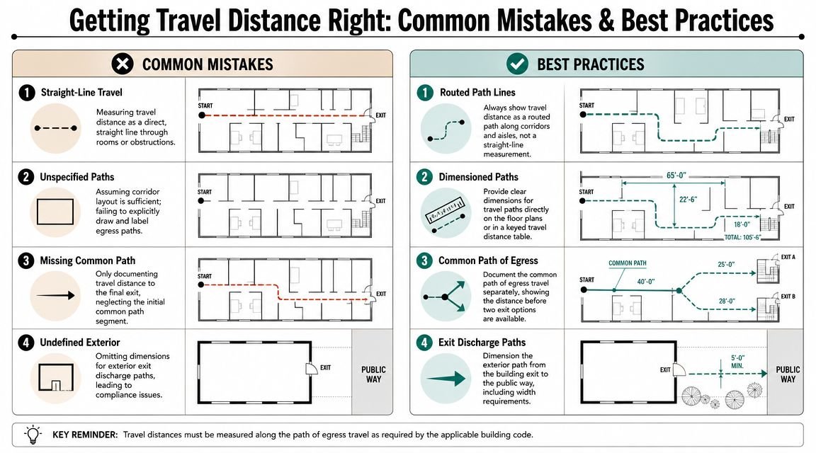 An infographic illustrating common mistakes versus best practices for measuring building egress travel distance on floor plans.