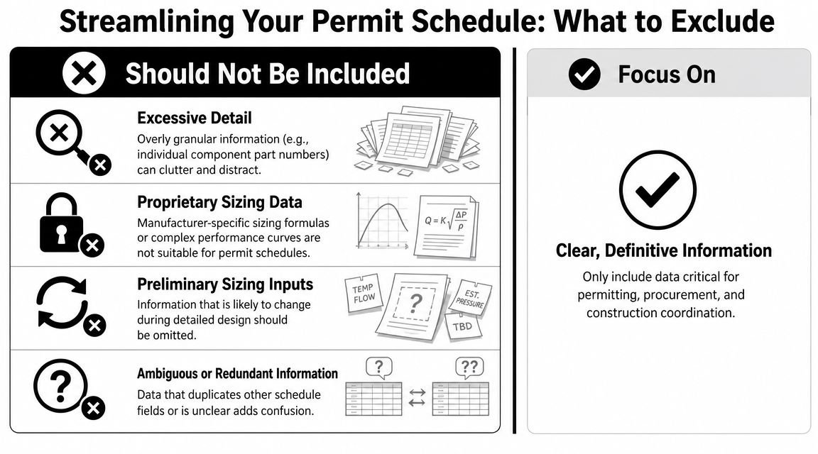 A chart detailing what to exclude and what to include for streamlining a professional equipment permit schedule.