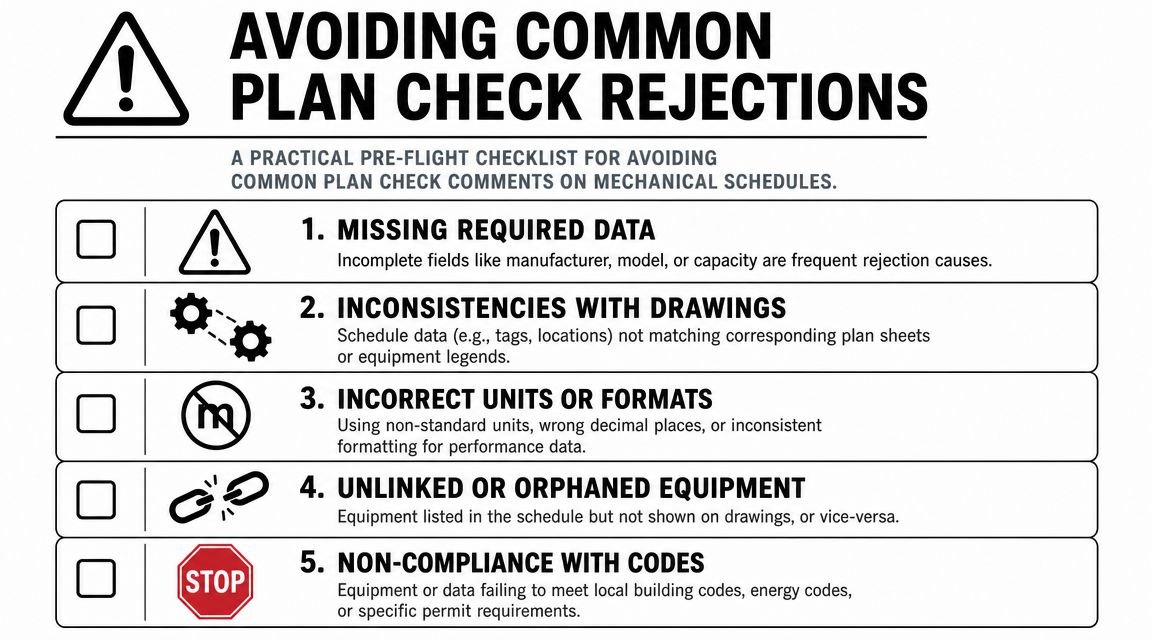 An infographic checklist for engineers titled Avoiding Common Plan Check Rejections for mechanical equipment schedules.