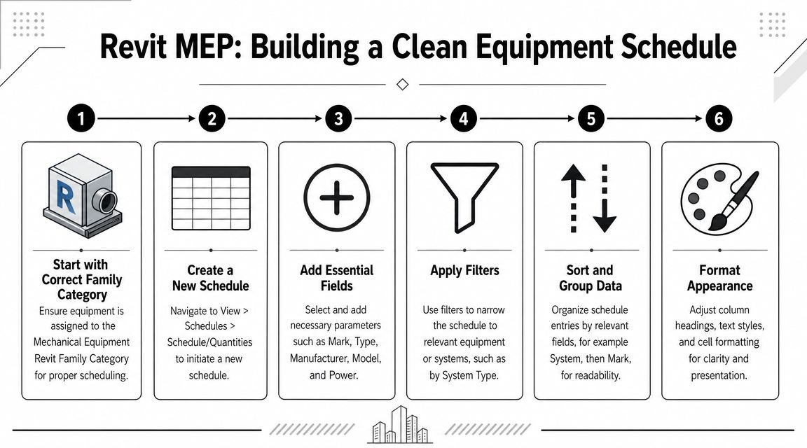 A flowchart showing six steps for creating a clean equipment schedule in Revit MEP software.