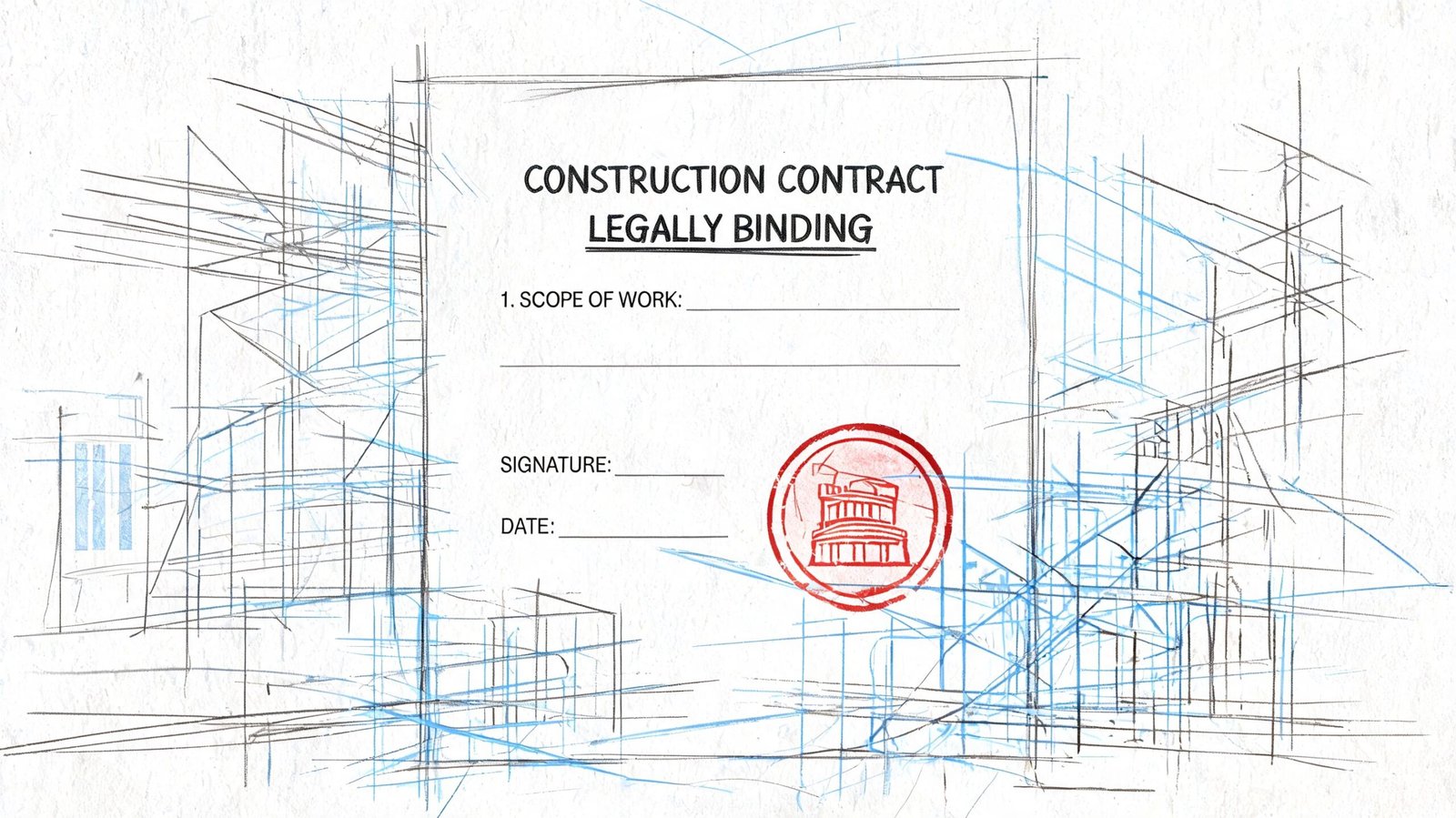 A construction contract document with building sketches in the background and a stamp icon.