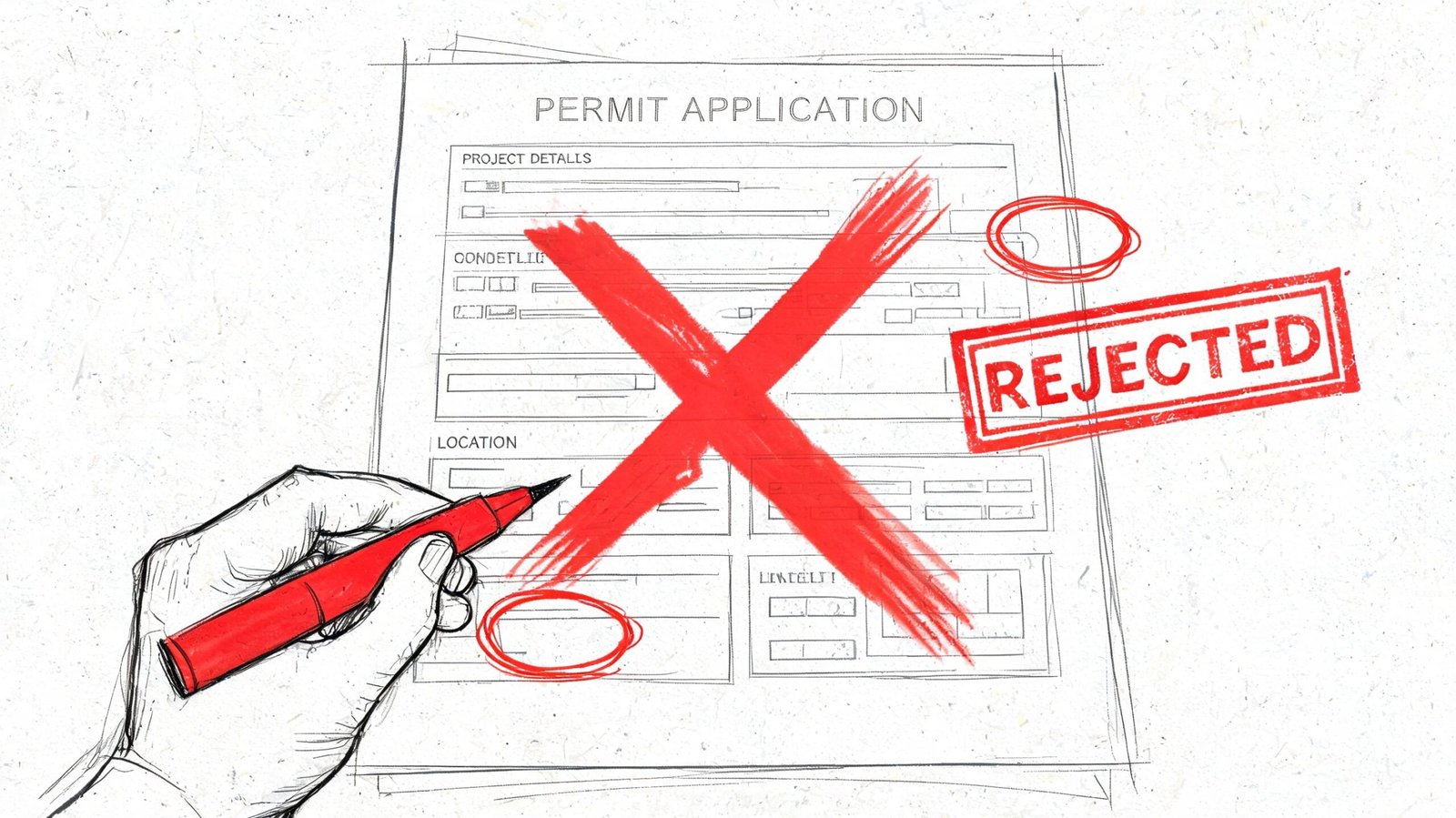 A hand holding a red marker over a permit application form that has been rejected with a stamp.