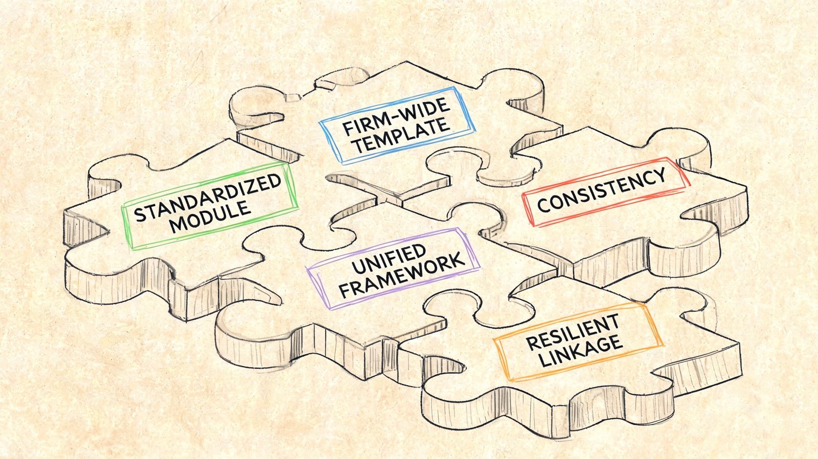 A puzzle diagram with four pieces representing firm-wide template, standardized module, consistency, and resilient linkage components.