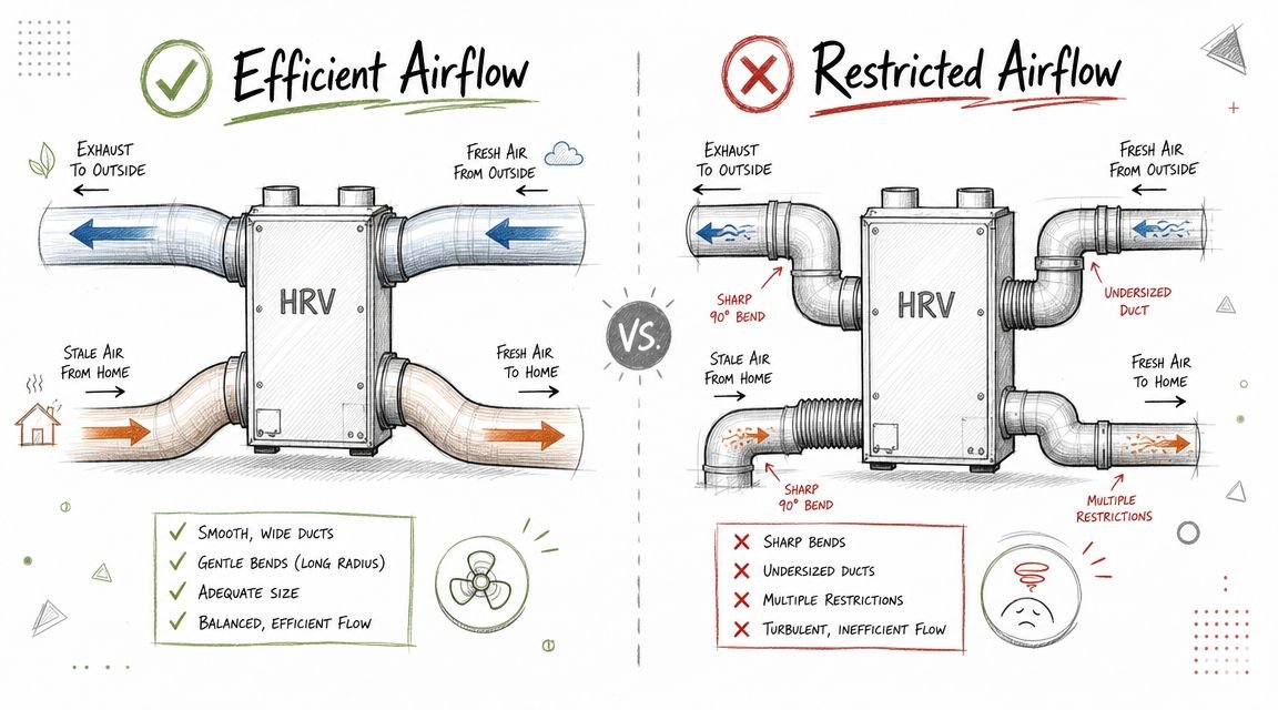 A diagram comparing efficient, well-designed airflow in an HRV system versus inefficient, restricted airflow due to poor installation.