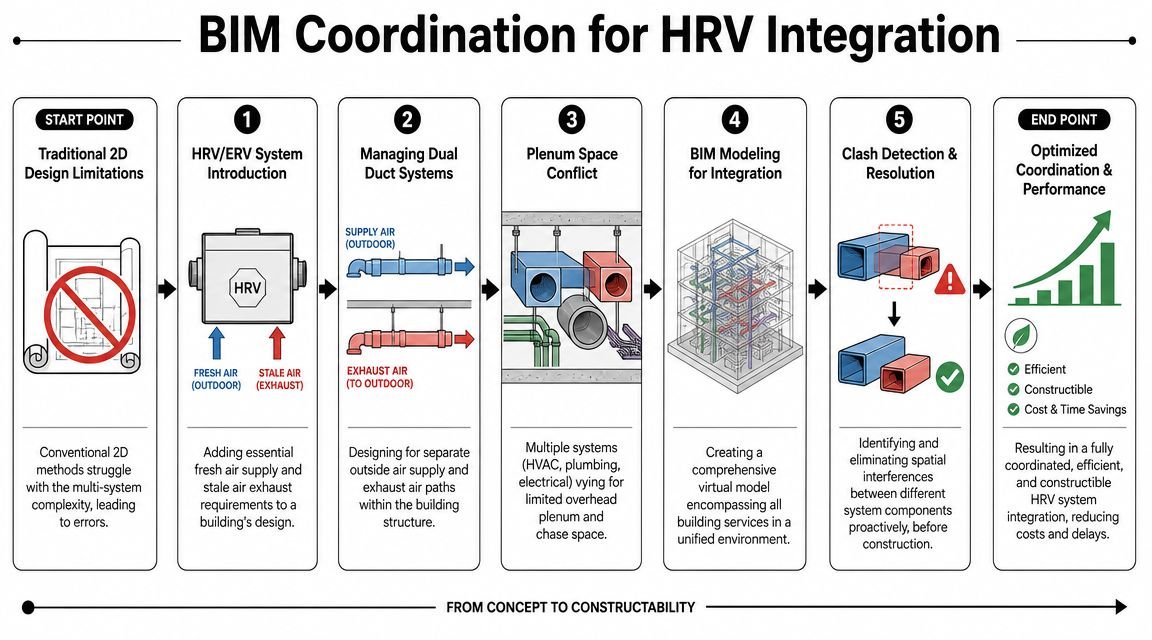 A process diagram illustrating the BIM coordination steps for integrating a heat recovery ventilation system in buildings.