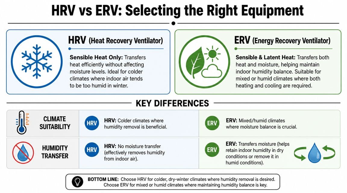 A comparison chart explaining the differences between Heat Recovery Ventilators (HRV) and Energy Recovery Ventilators (ERV) for ventilation.