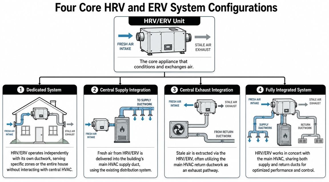 A diagram illustrating four different installation configurations for residential heat recovery ventilation and energy recovery ventilation systems.
