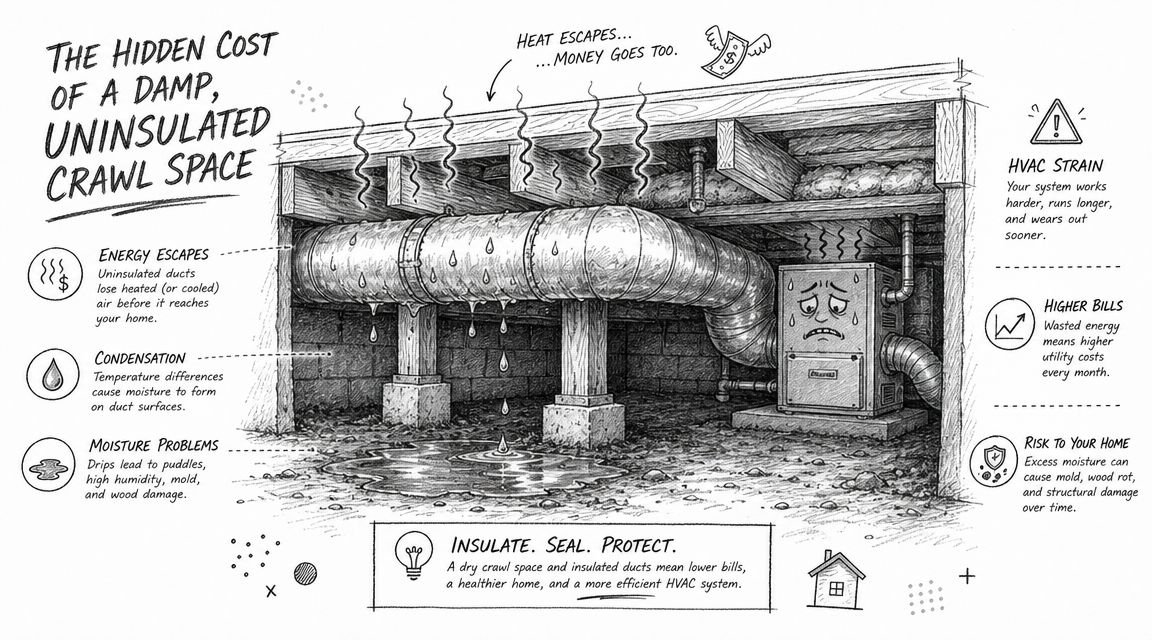 A diagram illustrating how a damp, uninsulated crawl space causes energy loss and structural home damage.