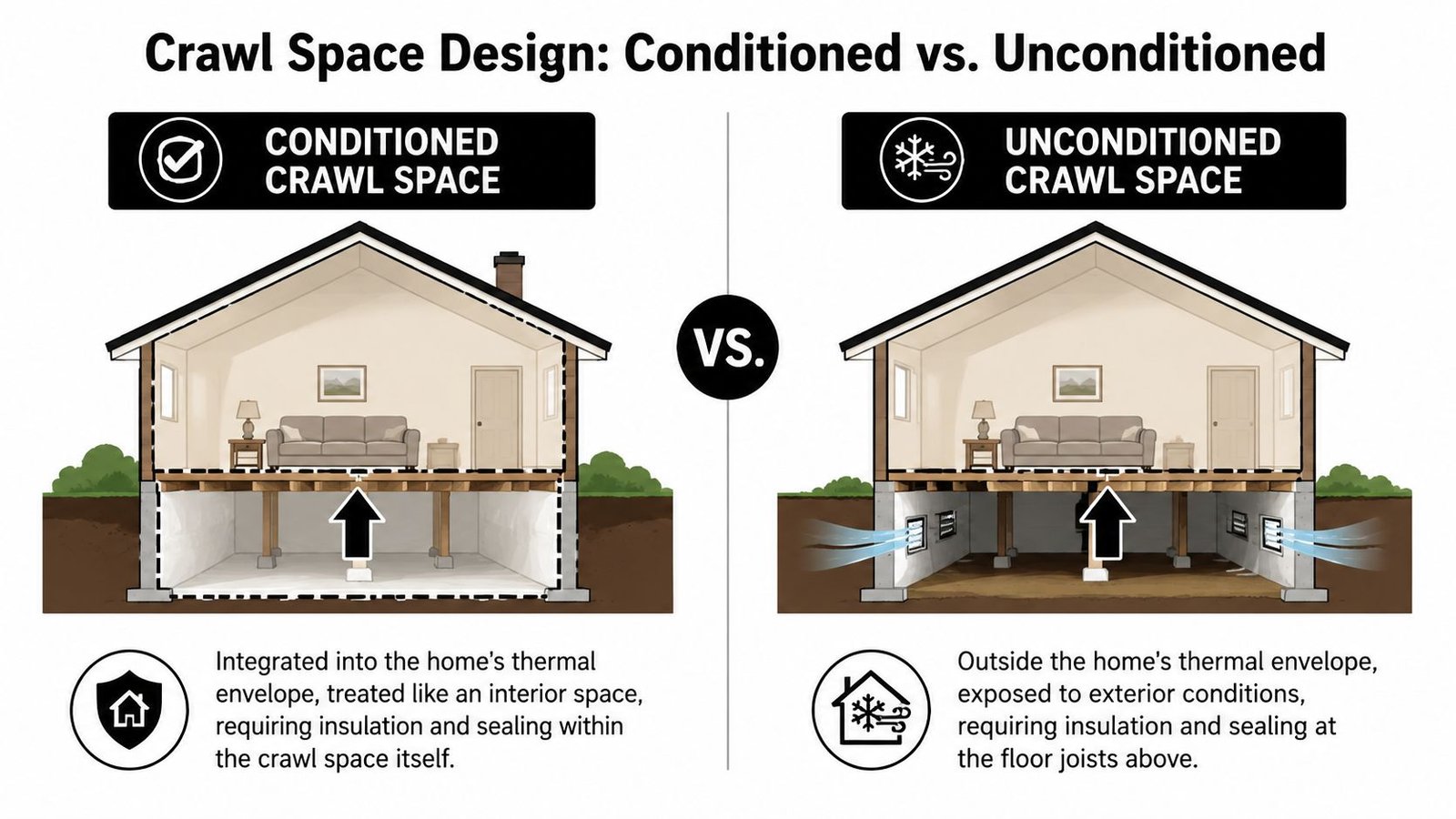A diagram comparing a conditioned crawl space with an interior thermal envelope versus an unconditioned ventilated crawl space.