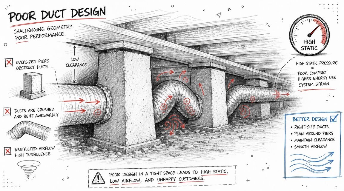 A diagram illustrating poor duct design in a crawl space causing high static pressure and low airflow.