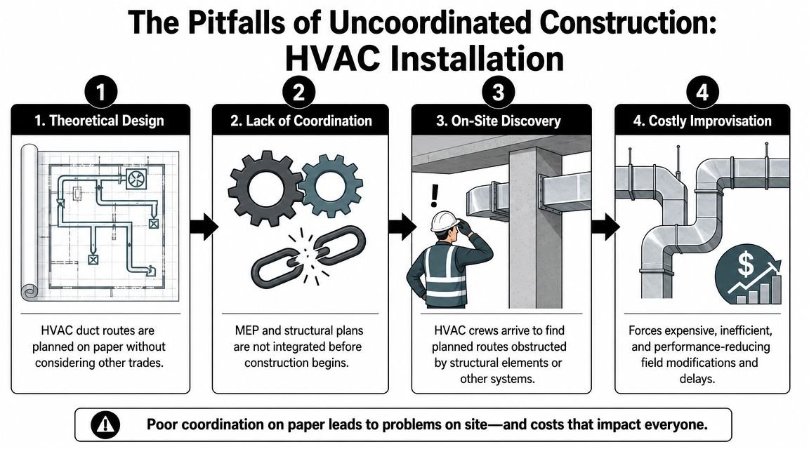 A four-step infographic showing how poor HVAC planning leads to costly on-site construction delays and improvisations.