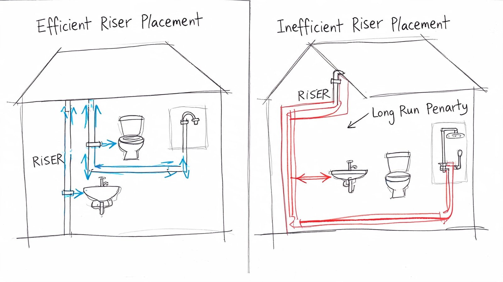 A diagram comparing efficient and inefficient plumbing riser placement in a house bathroom layout.