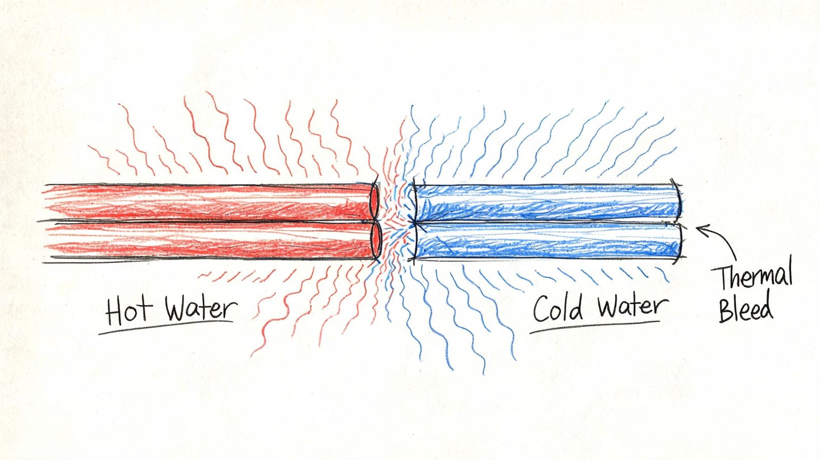 A hand-drawn illustration showing thermal bleed between parallel pipes conveying hot red and cold blue water.