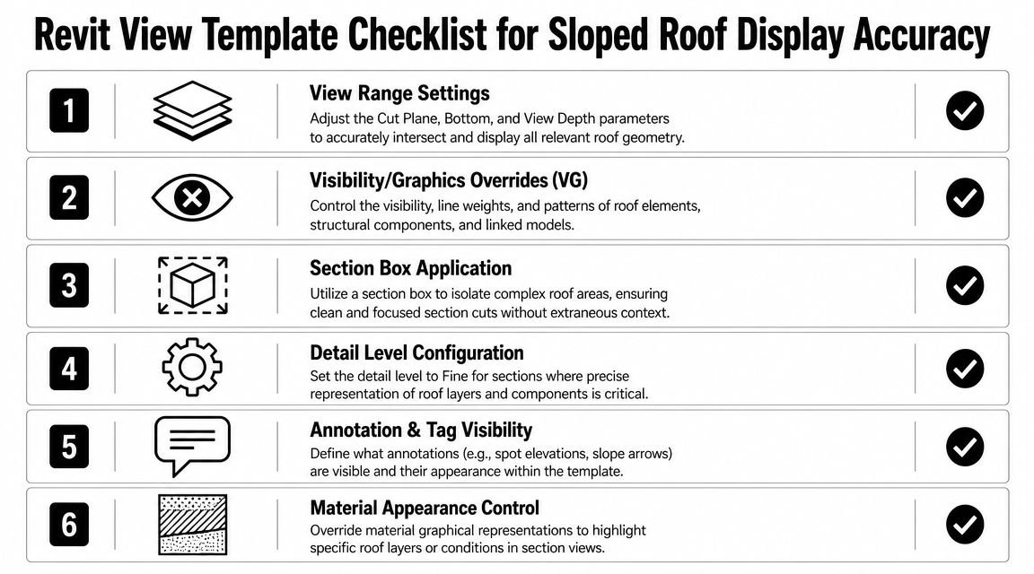 A checklist infographic outlining six essential Revit view template settings for accurate sloped roof display visualization.