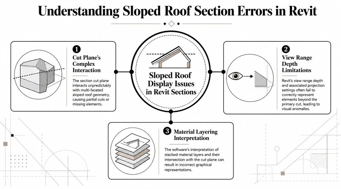 A diagram explaining three main causes of sloped roof section display errors within Revit software architecture.