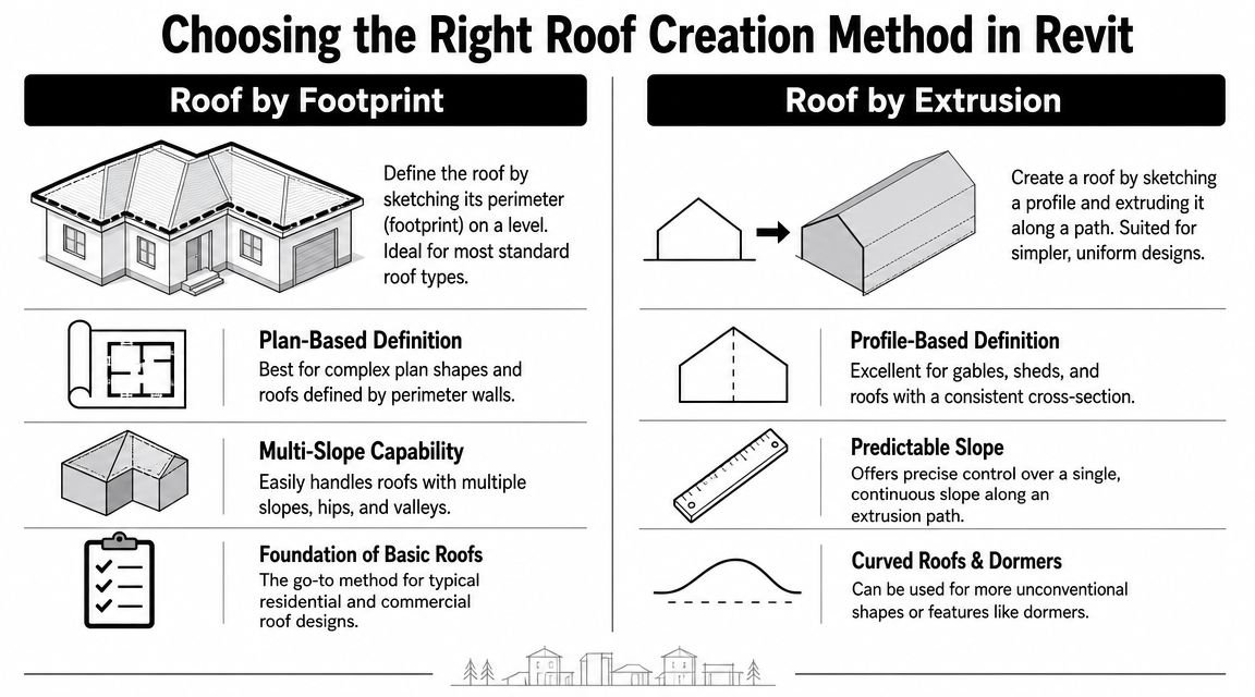 An infographic showing two methods for creating roofs in Revit software: Roof by Footprint and Roof by Extrusion.