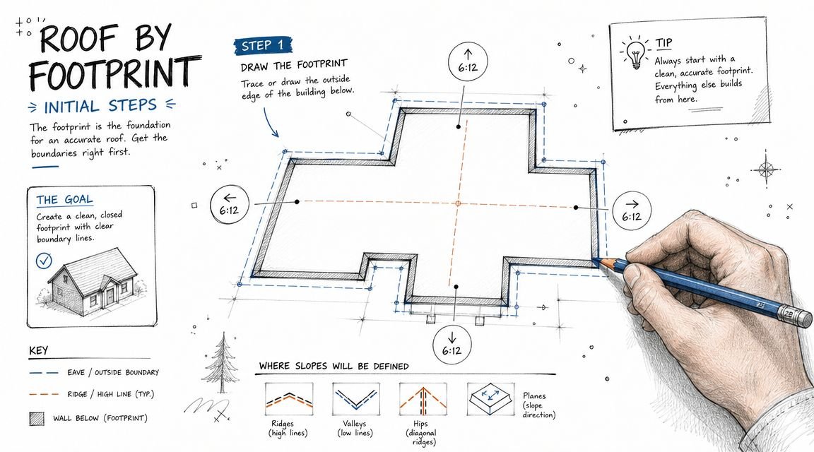 A hand drawing a floor plan illustrating the initial steps of designing a roof by footprint.