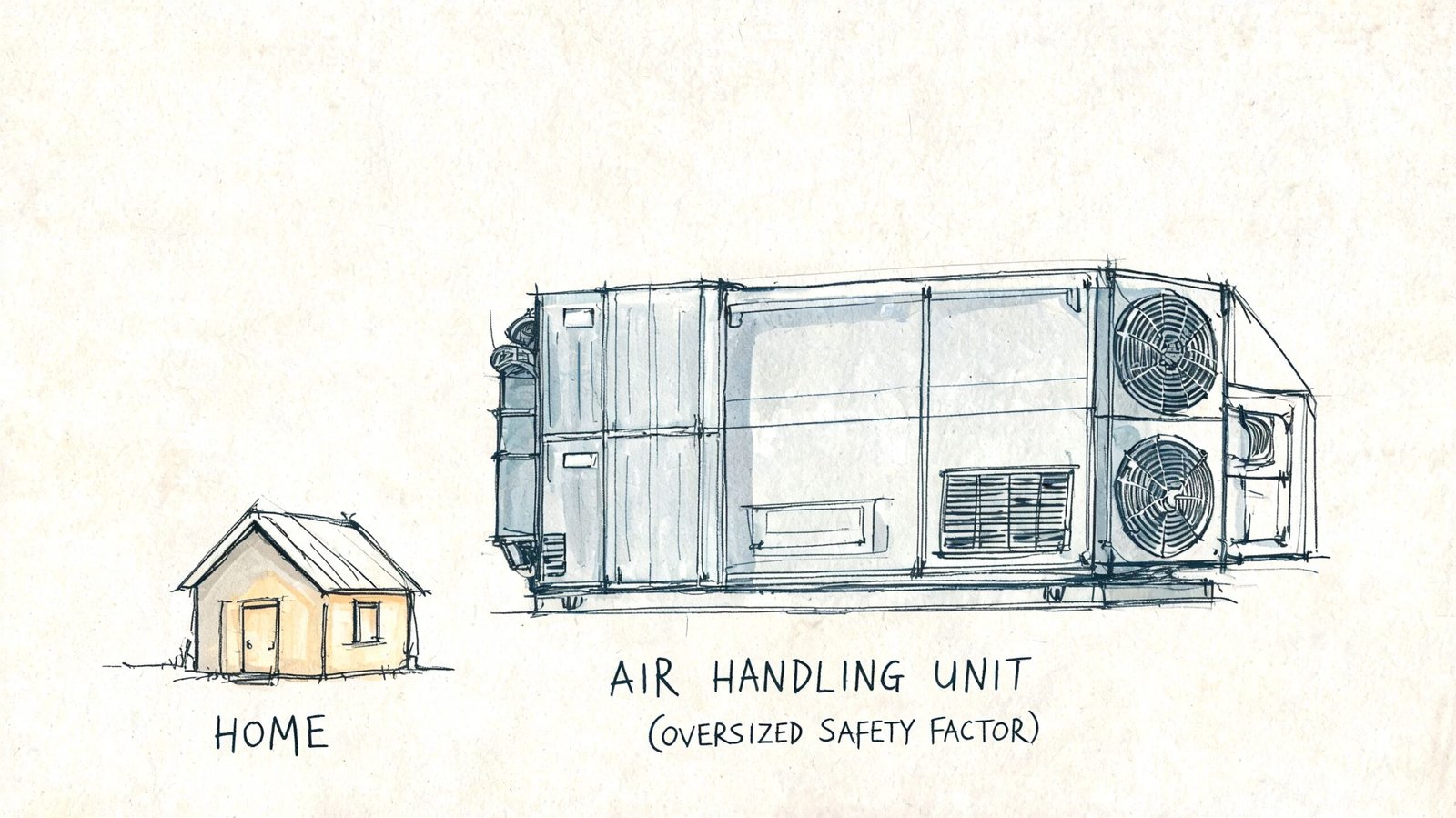 A hand-drawn illustration comparing a small house to a massive, oversized air handling unit HVAC system.