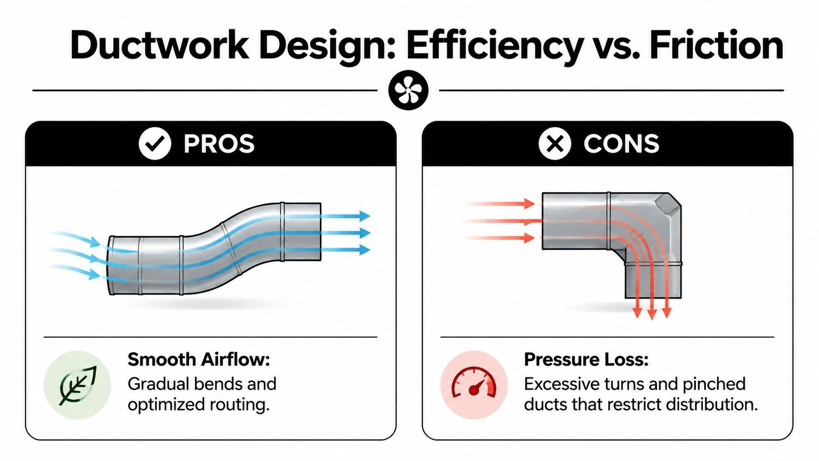 A diagram comparing efficient ductwork design with smooth curves against inefficient, restrictive 90-degree duct bends.