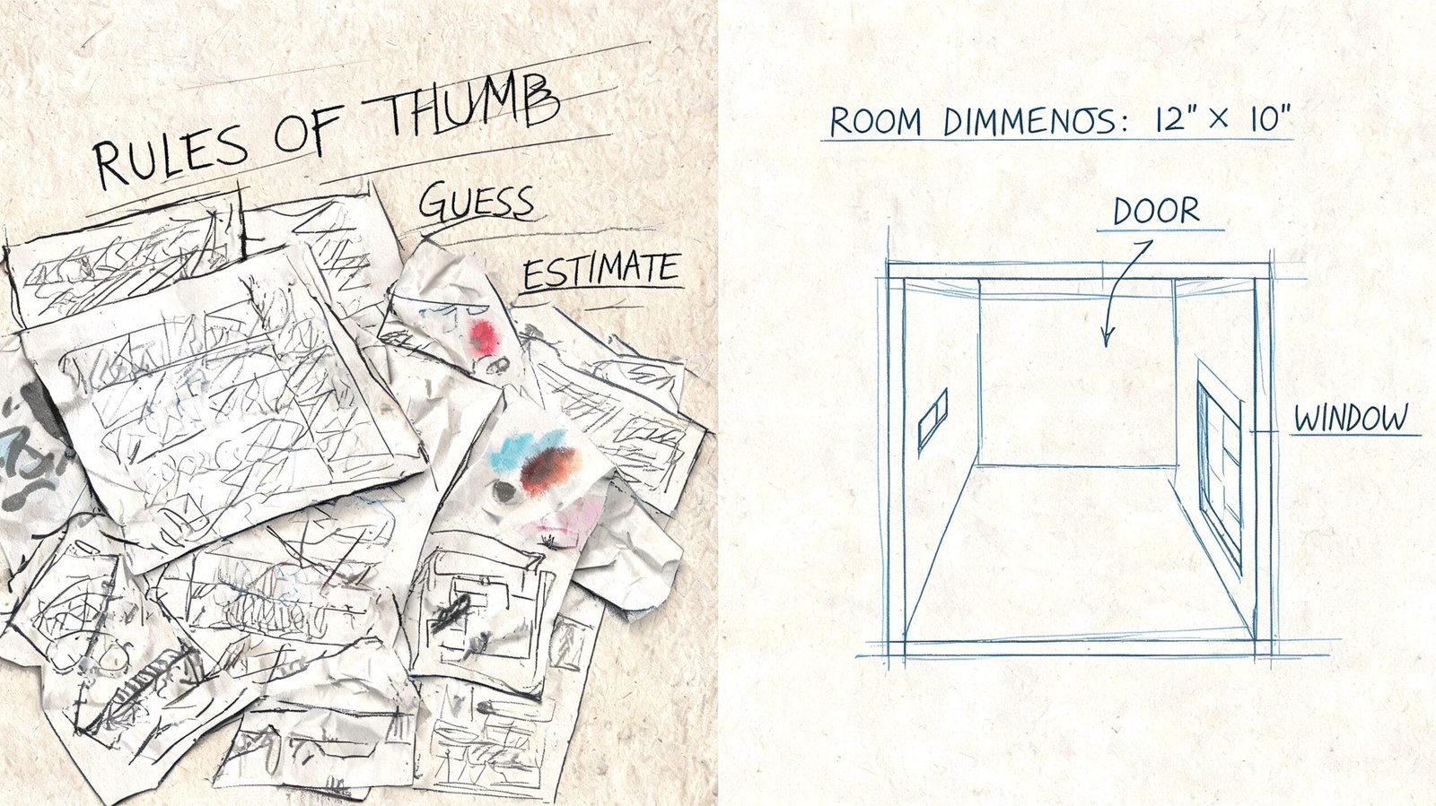 A hand-drawn illustration showing crumpled architectural notes next to a room layout diagram for HVAC planning.