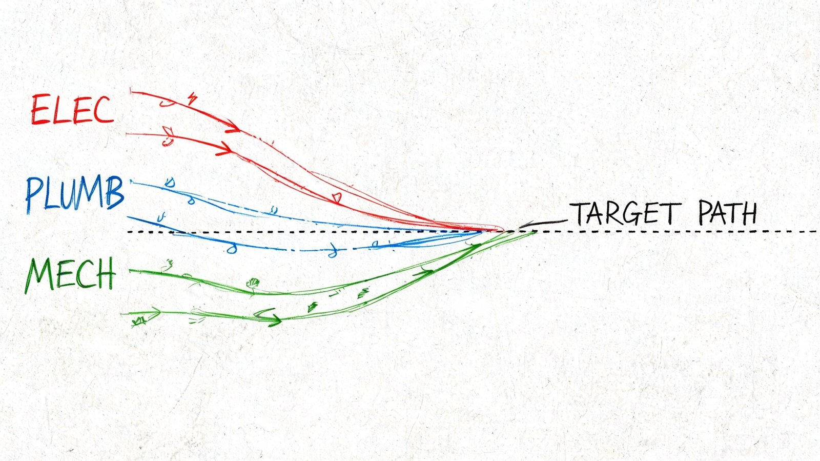 A hand-drawn diagram showing electrical, plumbing, and mechanical lines converging toward a singular dashed target path.