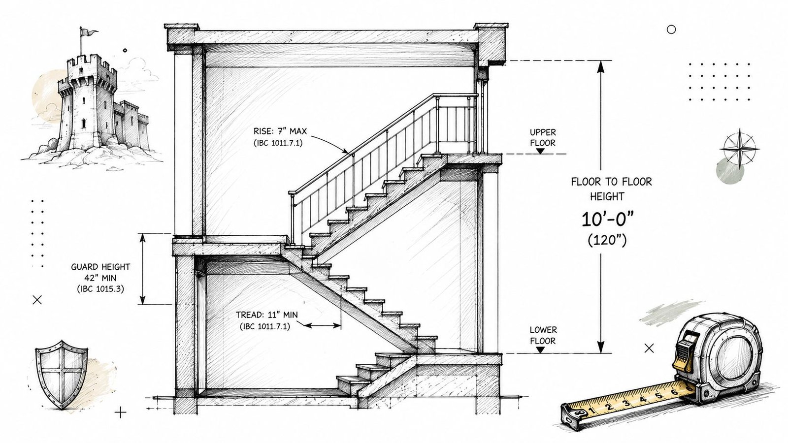 A technical architectural cross-section diagram showing IBC stair code requirements, including riser, tread, and guard rail dimensions.