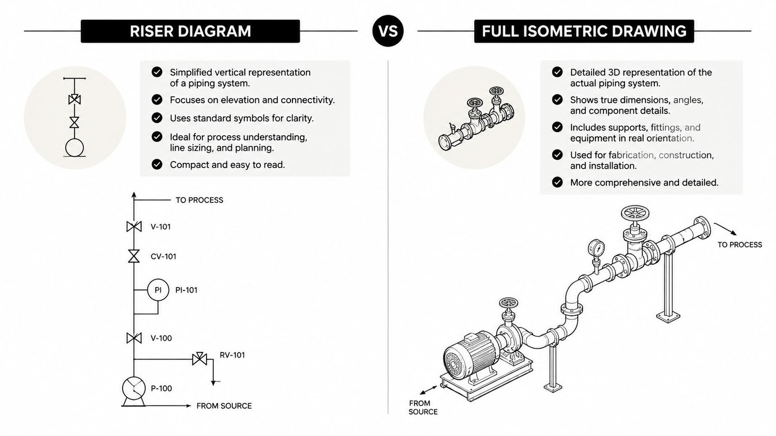 A comparison chart showing the differences between a simplified piping riser diagram and a detailed isometric drawing.