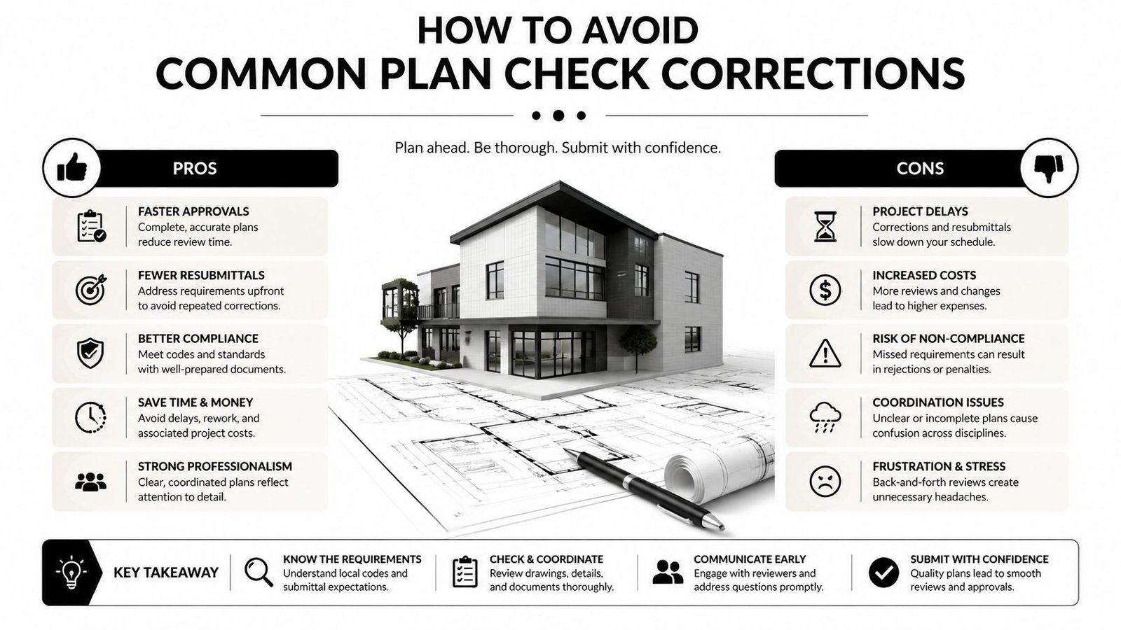 A graphic illustration detailing the pros and cons of avoiding plan check corrections for architectural projects.