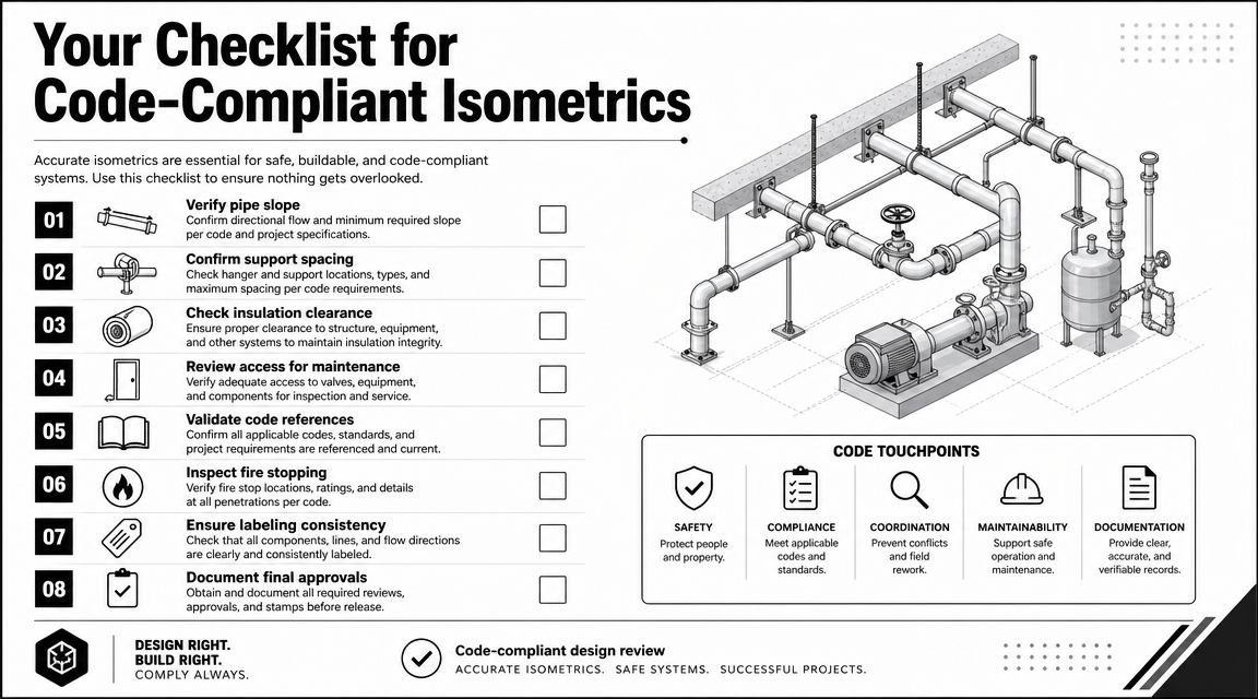 A checklist for creating code-compliant piping and plumbing isometrics with an illustrative technical diagram.
